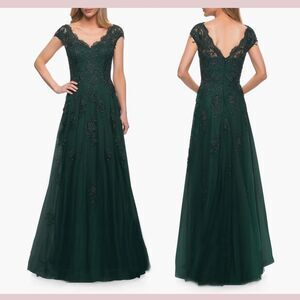 HOLES! La Femme [  14  ] Embellished Tulle & Lace A-Line Gown‎ Dark Emerald